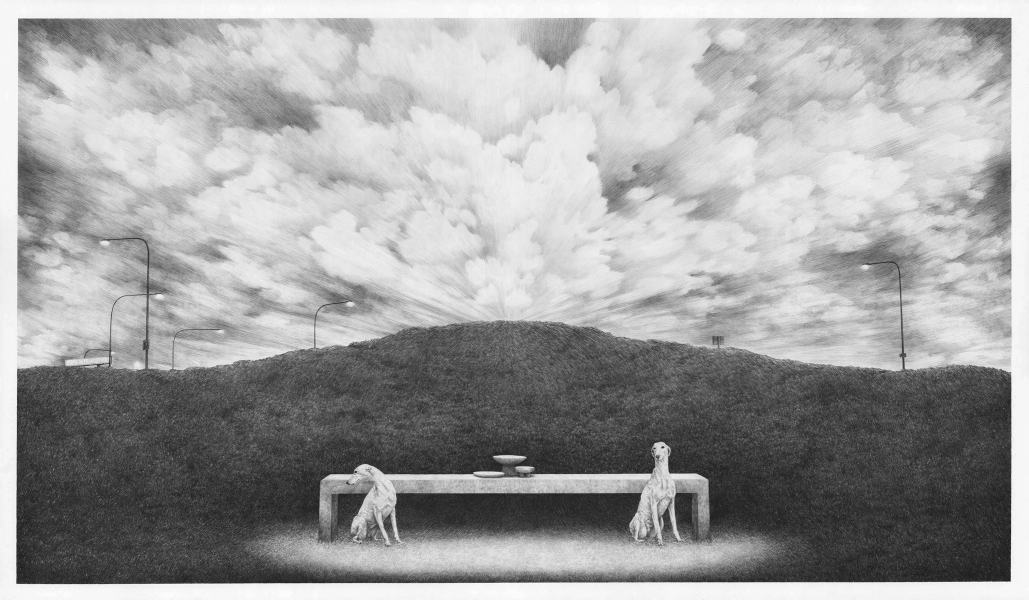 A pair of hounds, a stone table, empty bowls, a highway median strip