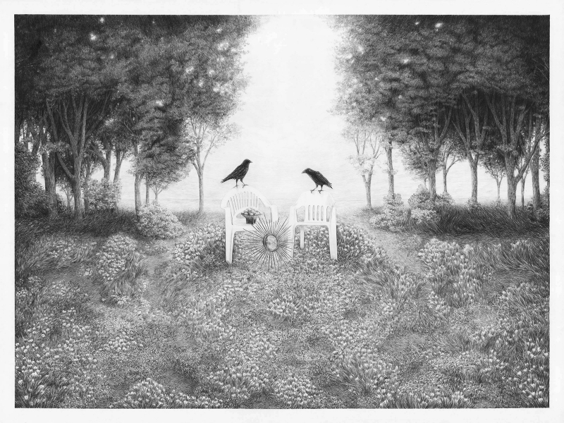 An overgrown clearing, two ravens, a mirror, peaches and pool chairs